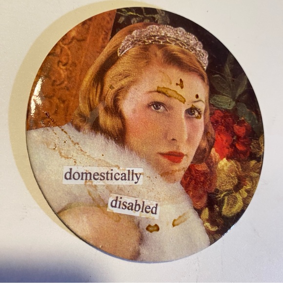6 Domestic Bliss Coasters GUC in tin by Anne Taintor cork bottoms retro style - Picture 8 of 10